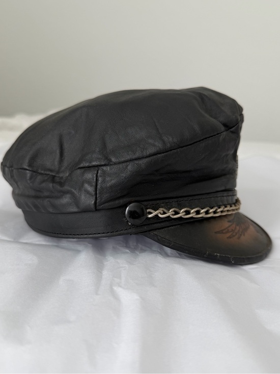 Vintage 90s Leather Biker Captain Hat USA Eagle Chain Moto Rocker Y2K Americana